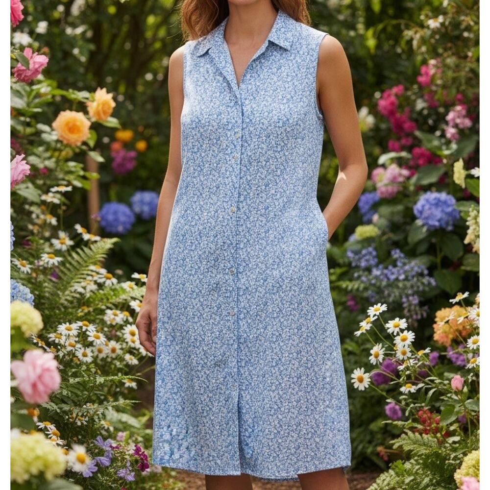 Joie Blue White Sleeveless Button Up Floral Print Prairiecore Shirt Dress Sz M